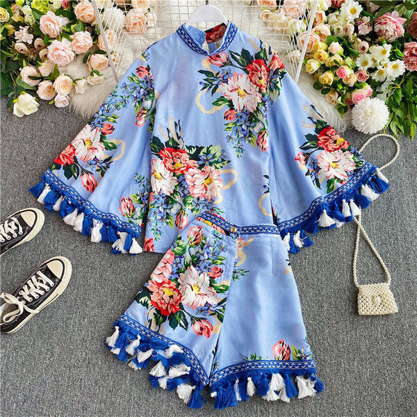 Stiilne naiste lillemustri ja siniste narmastega komplekt