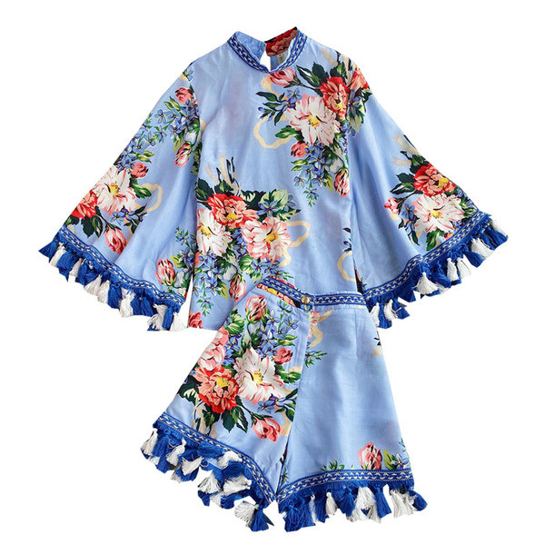 Stiilne naiste lillemustri ja siniste narmastega komplekt