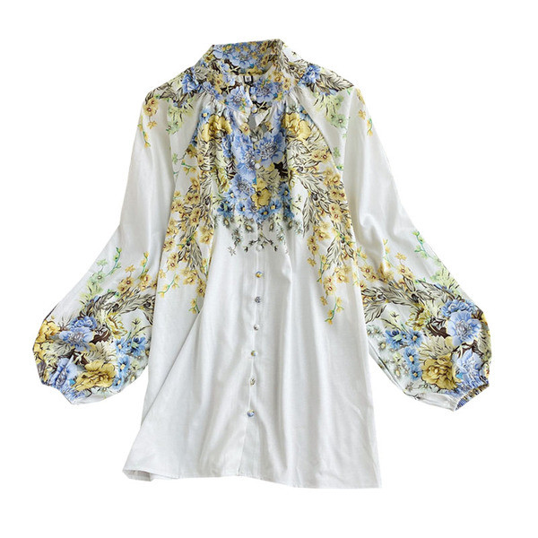 Moderns sieviešu krekls ar ziedu rakstu un garām piedurknēm ar pogām