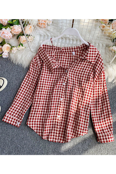 Modern női kockás ing klasszikus gallérral