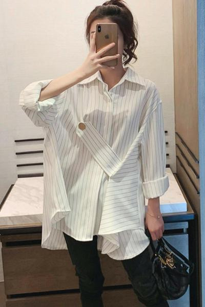 Stilīgs sieviešu asimetrisks krekls ar garām piedurknēm baltā un melnā krāsā