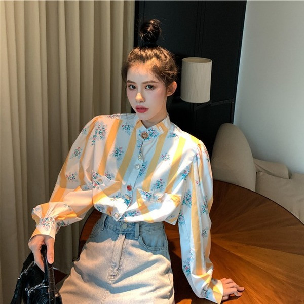 Moodne pikkade varrukate ja kõrge kraega naiste särk