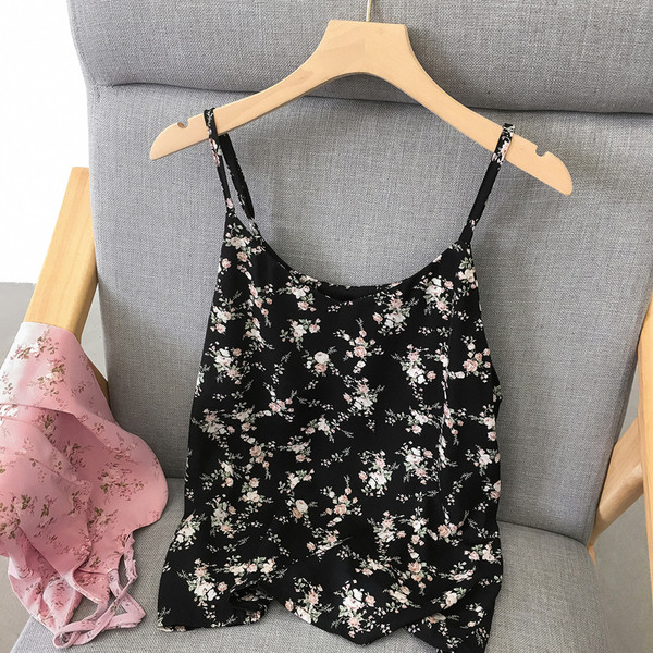 Jauna modeļa sieviešu topiņš ar ziedu rakstu un plānām lencītēm