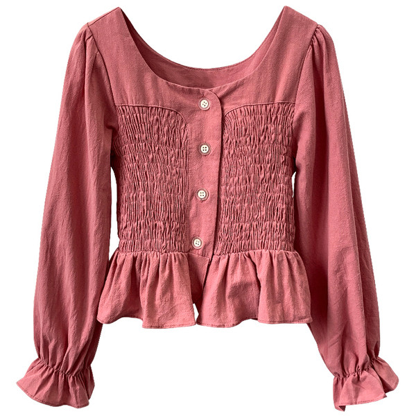 Modern női ing lótusz ujjakkal és szögletes nyakkivágással