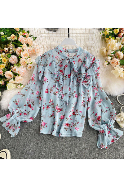 Női sifon ing szalaggal és virágmintával - négy színben