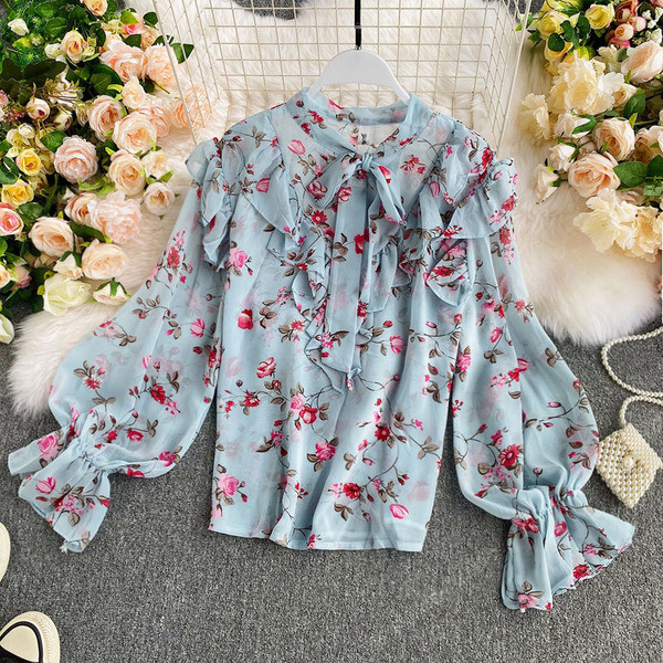 Női sifon ing szalaggal és virágmintával - négy színben