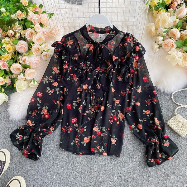 Női sifon ing szalaggal és virágmintával - négy színben