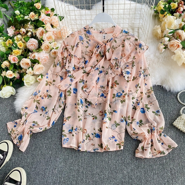 Női sifon ing szalaggal és virágmintával - négy színben