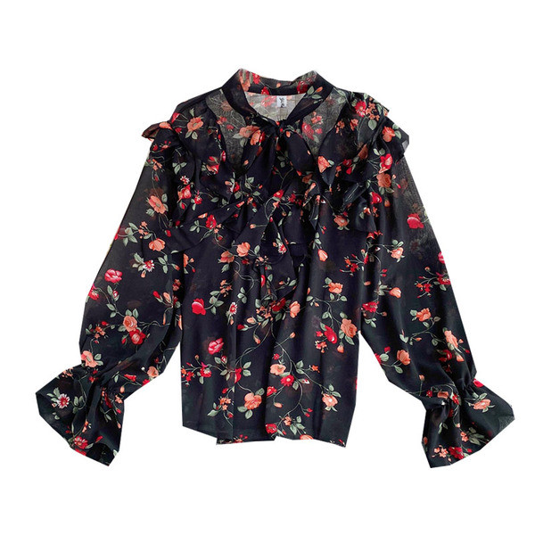 Női sifon ing szalaggal és virágmintával - négy színben