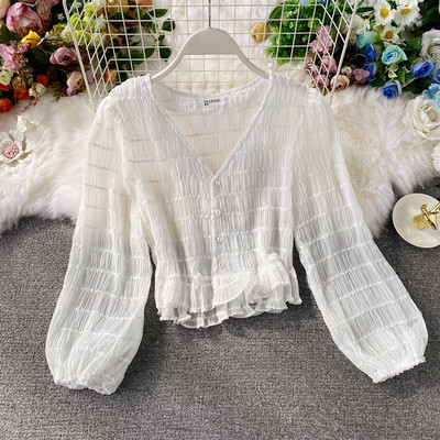 Cămașă casual de damă cu decolteu spitz și nasturi în două culori