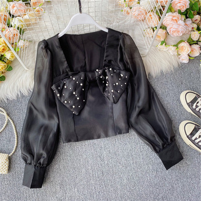 Casual γυναικείο πουκάμισο με κορδέλα και πέρλες σε διάφορα χρώματα