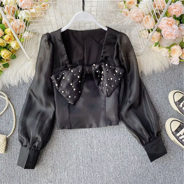 Casual γυναικείο πουκάμισο με κορδέλα και πέρλες σε διάφορα χρώματα