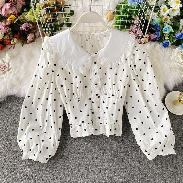 Vabaaja naiste lühike täpiline pikkade varrukate ja ovaalse kaelusega särk