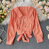 Cămașă de damă în carouri cu nasturi și panglică