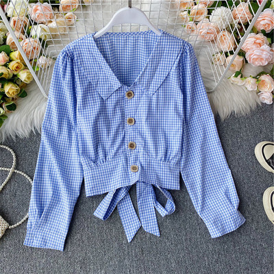 Cămașă de damă în carouri cu nasturi și panglică