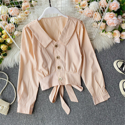 Cămașă de damă în carouri cu nasturi și panglică