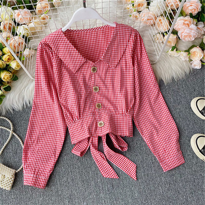 Cămașă de damă în carouri cu nasturi și panglică