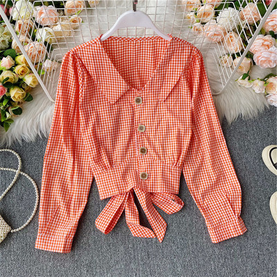 Cămașă de damă în carouri cu nasturi și panglică