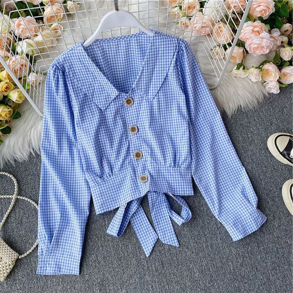 Cămașă de damă în carouri cu nasturi și panglică