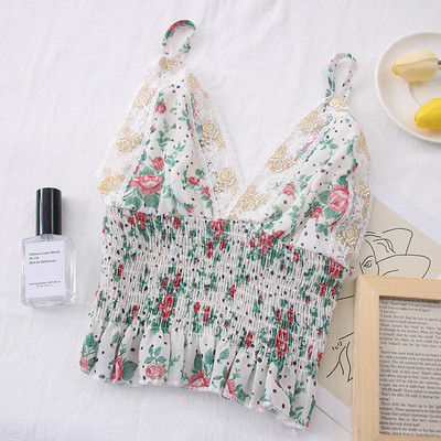 Γυναικεία μπλούζα - με λουλουδάτο μοτίβο και λεπτά τιραντάκια