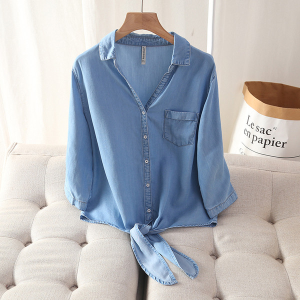 Sieviešu ikdienas džinsa krekls ar pogām un klasisku apkakli