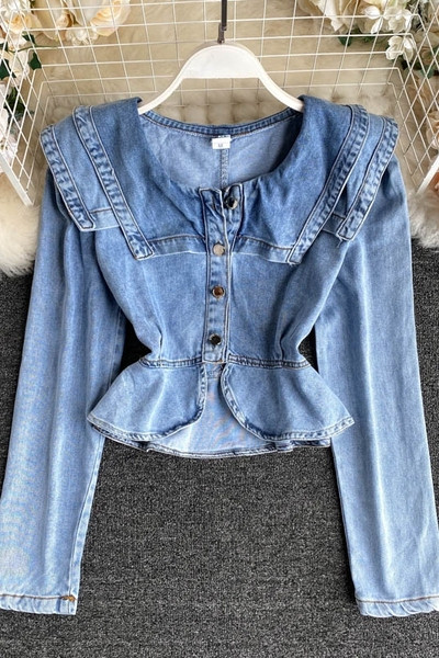 Vabaaja naiste teksasärk nööpide ja kandilise kaelusega