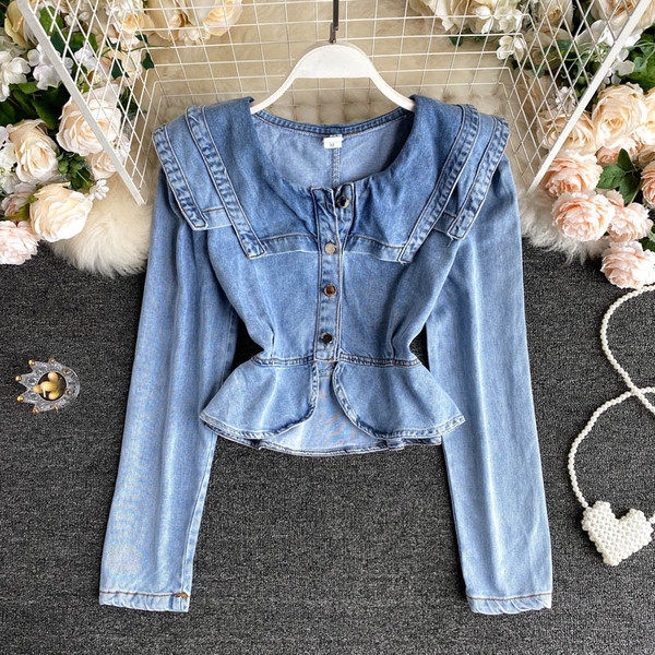 Vabaaja naiste teksasärk nööpide ja kandilise kaelusega