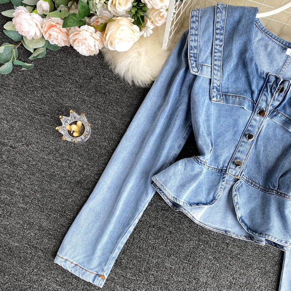 Vabaaja naiste teksasärk nööpide ja kandilise kaelusega