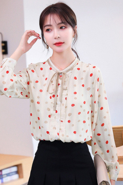 Pöttyös női alkalmi ing szalaggal és hosszú ujjal