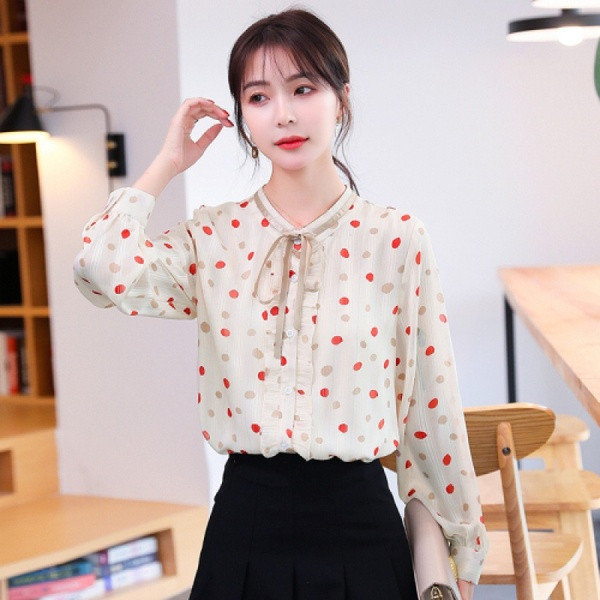 Pöttyös női alkalmi ing szalaggal és hosszú ujjal