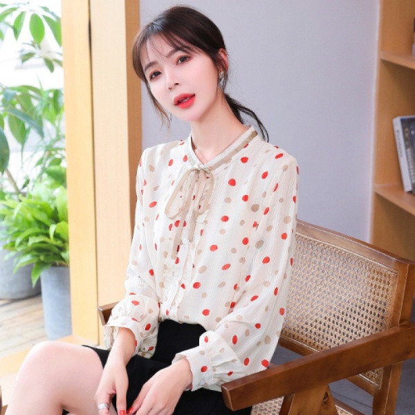 Pöttyös női alkalmi ing szalaggal és hosszú ujjal