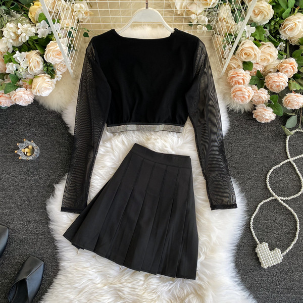 Stílusos női ing és szoknya szett fekete kövekkel