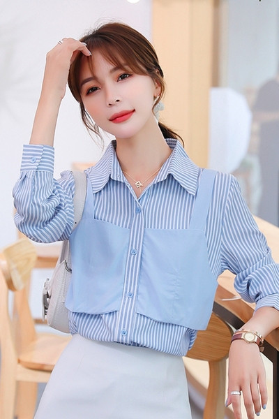 Alkalmi női csíkos ing klasszikus gallérral és gombokkal