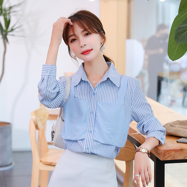 Alkalmi női csíkos ing klasszikus gallérral és gombokkal