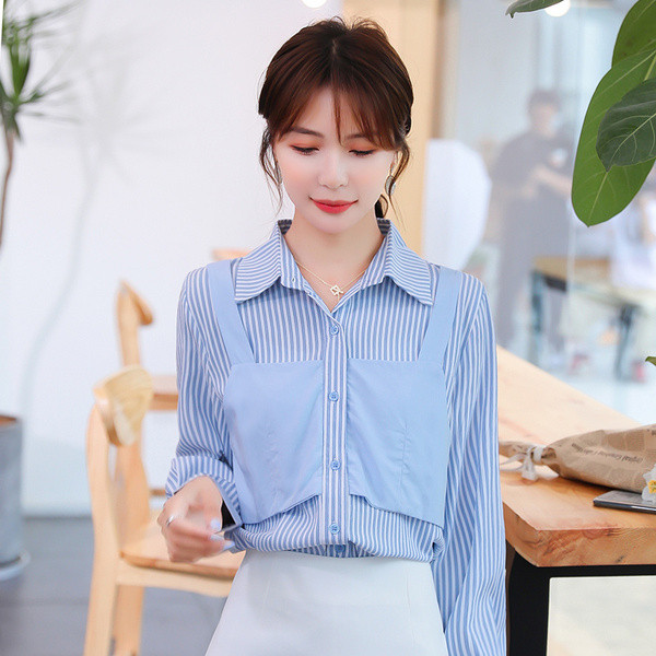 Alkalmi női csíkos ing klasszikus gallérral és gombokkal