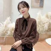 Klassikalise krae, pitsi ja paelaga vabaaja naiste särk