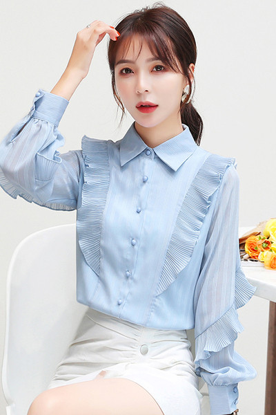 Cămașă casual de damă cu guler și nasturi clasici în albastru