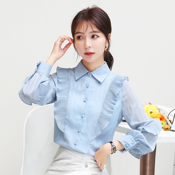 Cămașă casual de damă cu guler și nasturi clasici în albastru