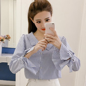 Ikdienas sieviešu svītrains krekls ar garām piedurknēm un lenti