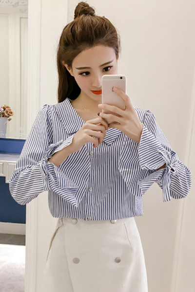 Ikdienas sieviešu svītrains krekls ar garām piedurknēm un lenti