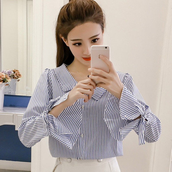 Ikdienas sieviešu svītrains krekls ar garām piedurknēm un lenti