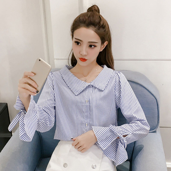 Ikdienas sieviešu svītrains krekls ar garām piedurknēm un lenti