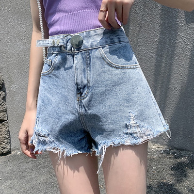 Kõrge vöökoha ja rebenenud motiividega vabaaja naiste lühikesed püksid