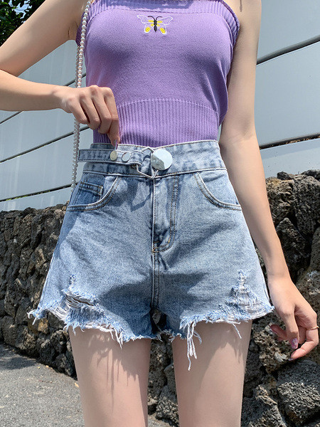 Kõrge vöökoha ja rebenenud motiividega vabaaja naiste lühikesed püksid