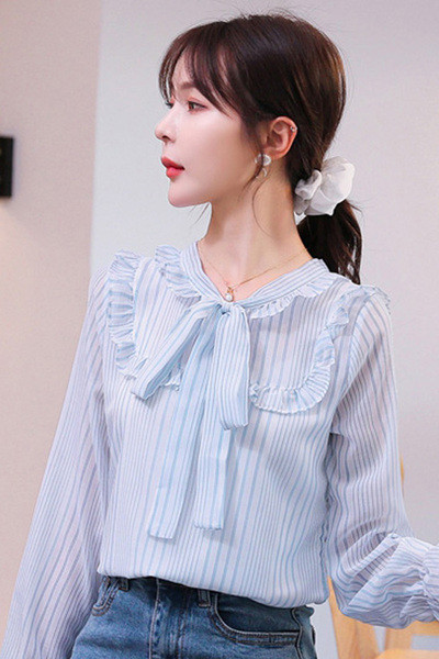 Ikdienas sieviešu krekls ar lenti zilā krāsā