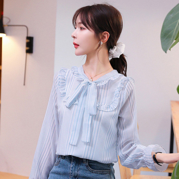 Ikdienas sieviešu krekls ar lenti zilā krāsā