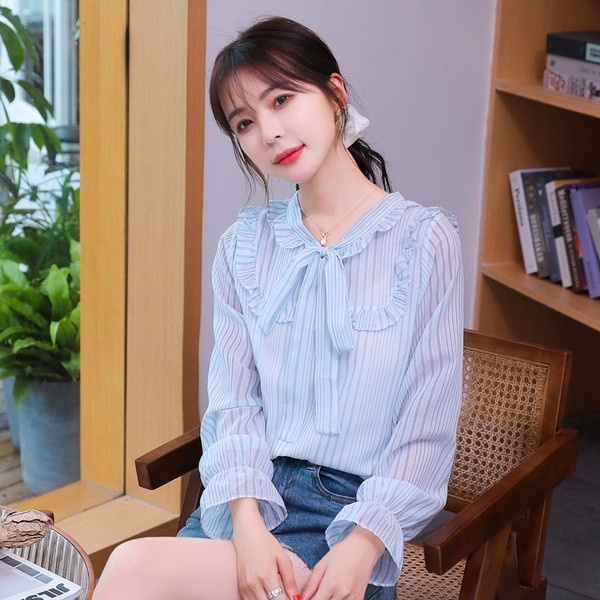 Ikdienas sieviešu krekls ar lenti zilā krāsā