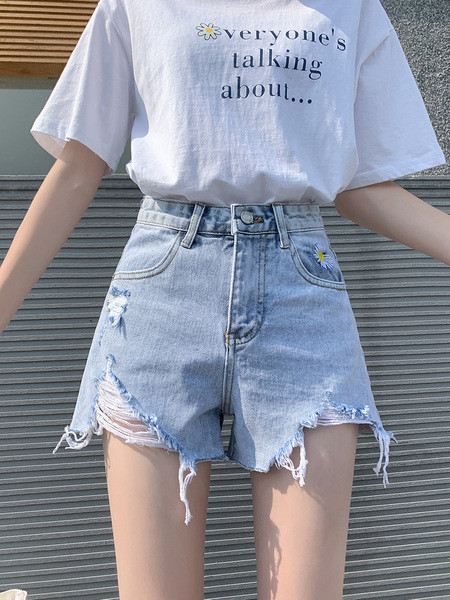 Pantaloni scurți moderni de damă cu talie înaltă și motive rupte în albastru