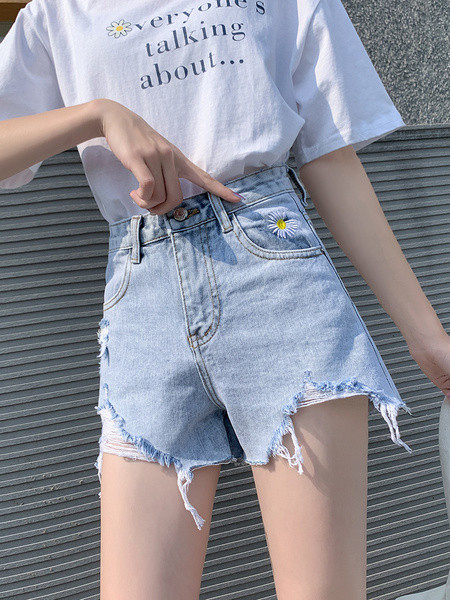 Pantaloni scurți moderni de damă cu talie înaltă și motive rupte în albastru