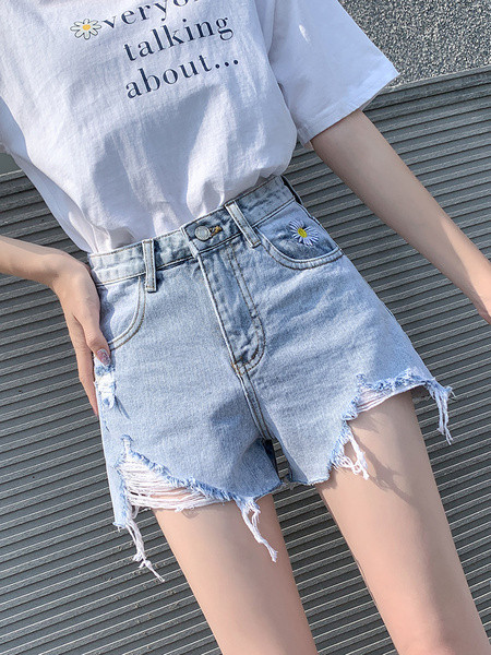 Pantaloni scurți moderni de damă cu talie înaltă și motive rupte în albastru